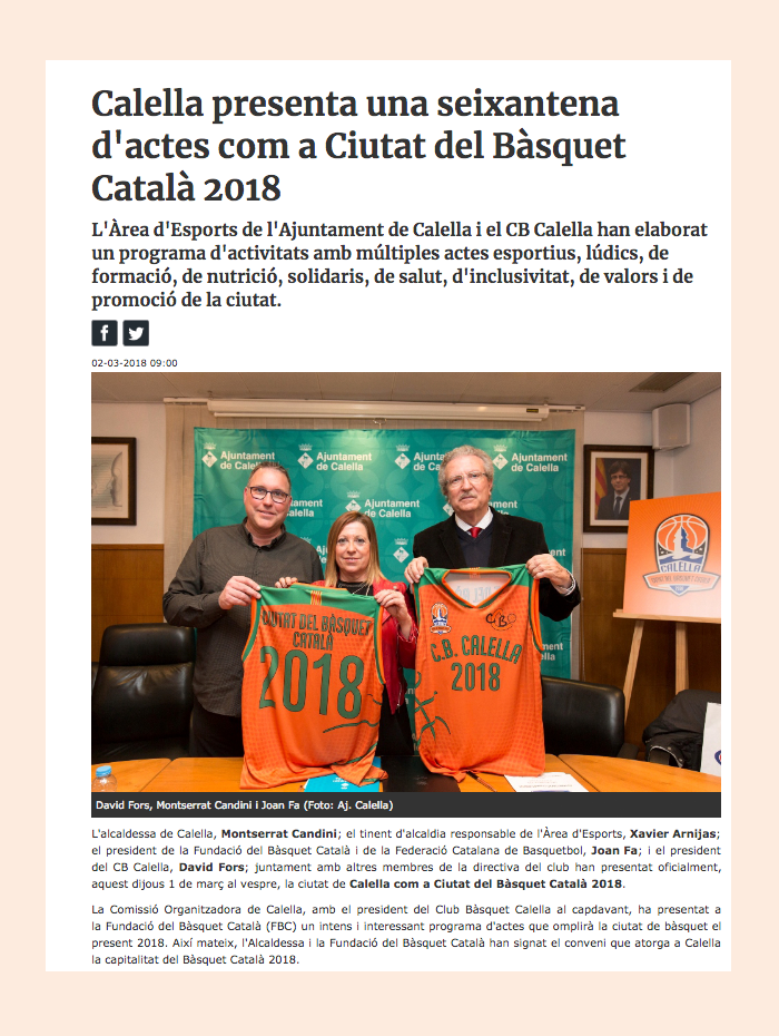 Article penjat a la FCBQ de Calella "Ciutat del Bàsquet Català"