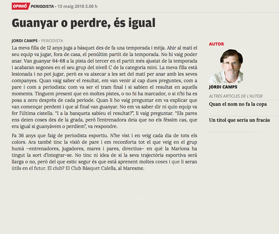 L'article de Jordi Camps. Font: "L'Esportiu"