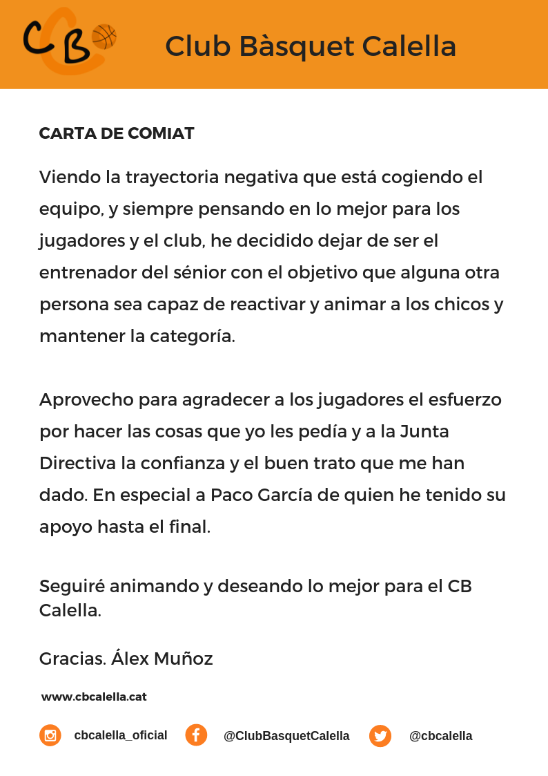 CB Calella - Carta de comiat d'Álex Muñoz
